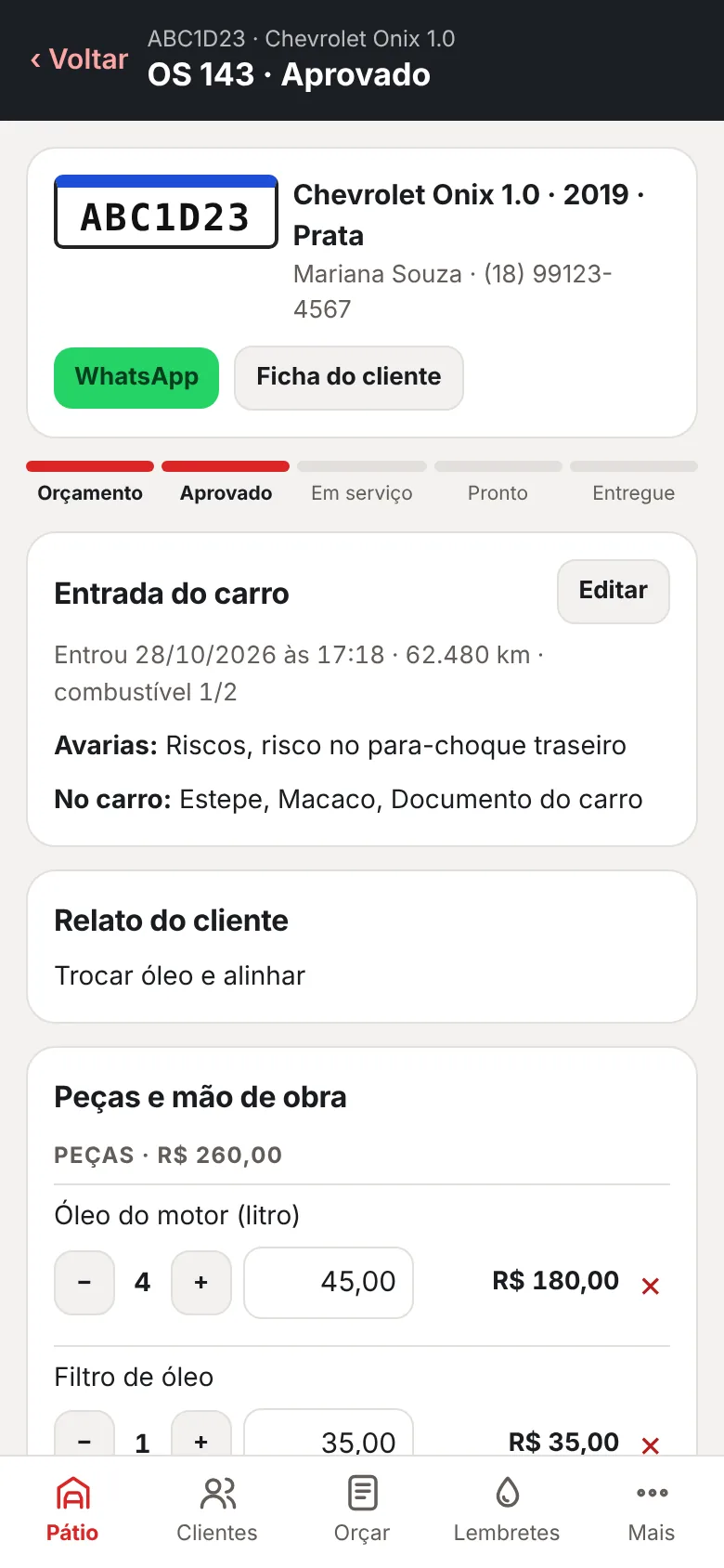Ordem de serviço com o checklist de entrada