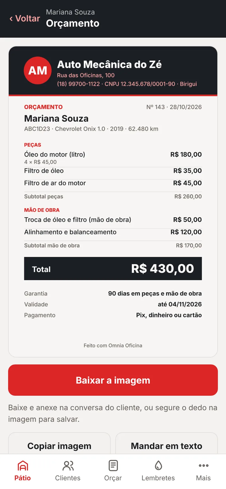 Orçamento em imagem com a marca da oficina